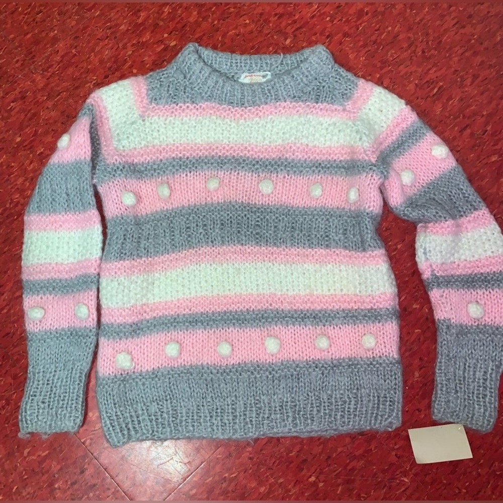 Vintage 80s mohair blend hand knit by grandma Cozy Pink and Gray Striped Sweater